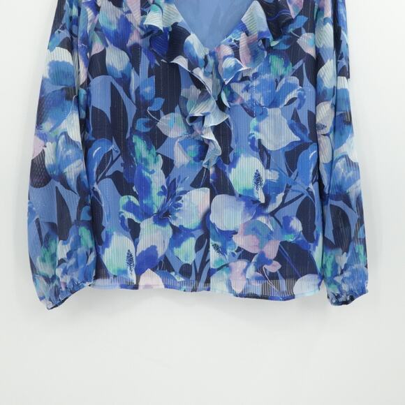 Soft‎ Surroundings Shirt Womens Large Blue Floral Ruffle Corpcore Chiffon V Neck - Picture 9 of 13